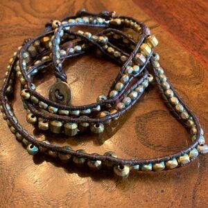 Chan Luu Leather & Thread Multi-Strand Beaded Wrap Bracelet in Gold/Greens